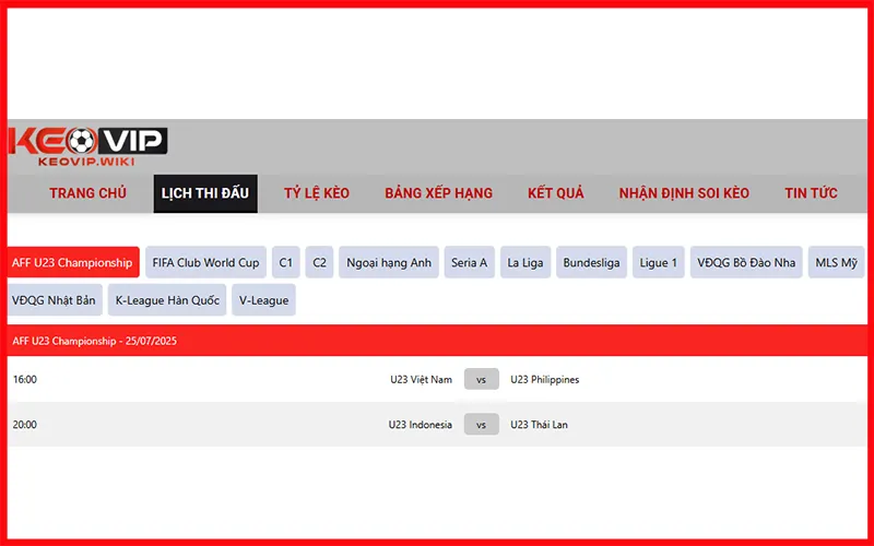 Lịch thi đấu KEOVIP tại các giải đấu hàng đầu thế giớiAlt: Lịch thi đấu KEOVIP luôn cập nhật Ngoại Hạng Anh, La Liga, Serie A,...