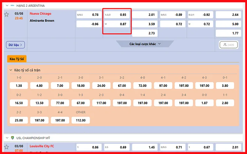 Cách hiển thị kèo tài xỉu 1 3/4 trong trận đấu bóng đáAlt: Kèo tài xỉu 1 3/4 trên bảng cược nhà cái